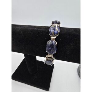 Natural Lapis Lazuli Cabochon Link Bracelet Silver Tone Adjustable Length